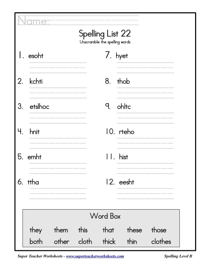 List B-22 - List 22: Word Scramble (Printable PDF Worksheet)