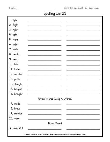 List C-23 - List 23: Word List (Printable PDF Worksheet)