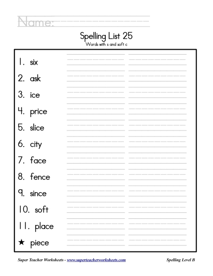 List B-25 - List 25: Word List (Printable PDF Worksheet)