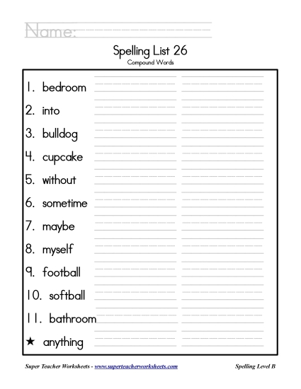 List B-26 - List 26: Word List (Printable PDF Worksheet)