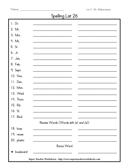 List C-26 - List 26: Word List (Printable PDF Worksheet)