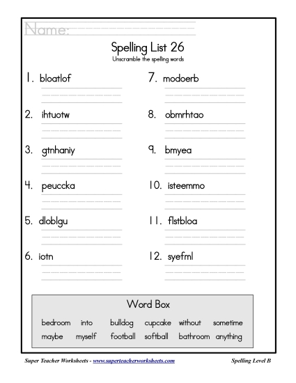 List B-26 - List 26: Word Scramble (Printable PDF Worksheet)