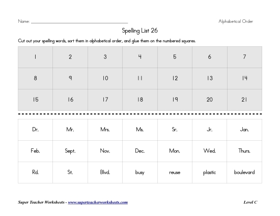 List C-26 - List 26:&nbsp; ABC Order (Printable PDF Worksheet)