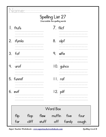 List B-27 - List 27: Word Scramble (Printable PDF Worksheet)
