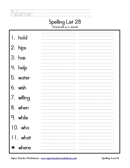 List B-28 - List 28: Word List (Printable PDF Worksheet)