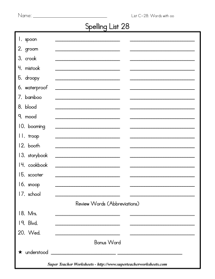 List C-28 - List 28: Word List (Printable PDF Worksheet)