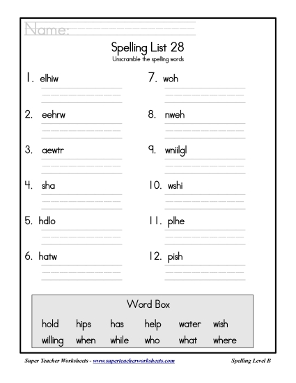 List B-28 - List 28: Word Scramble (Printable PDF Worksheet)