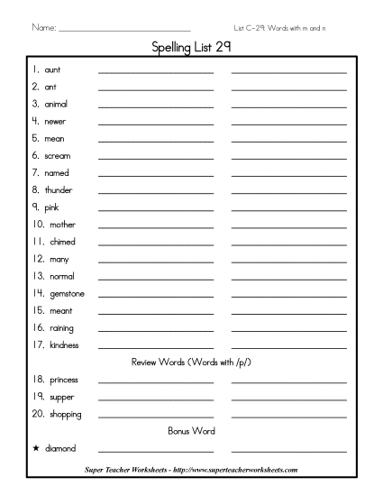 List C-29 - List 29: Word List (Printable PDF Worksheet)