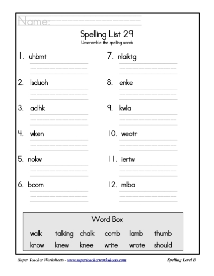 List B-29 - List 29: Word Scramble (Printable PDF Worksheet)