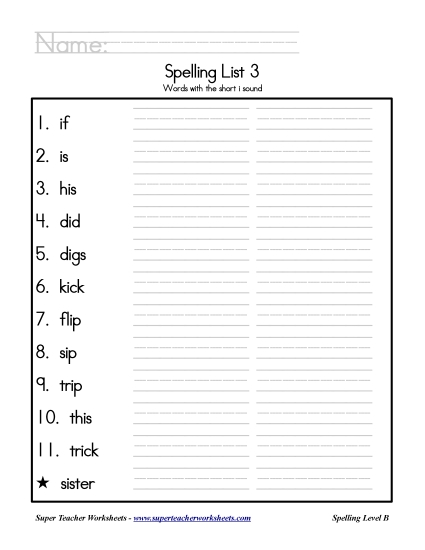 List B-3 - List 3: Word List (Printable PDF Worksheet)