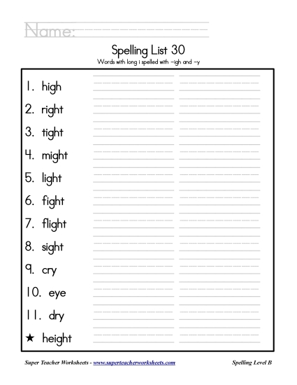 List B-30 - List 30: Word List (Printable PDF Worksheet)