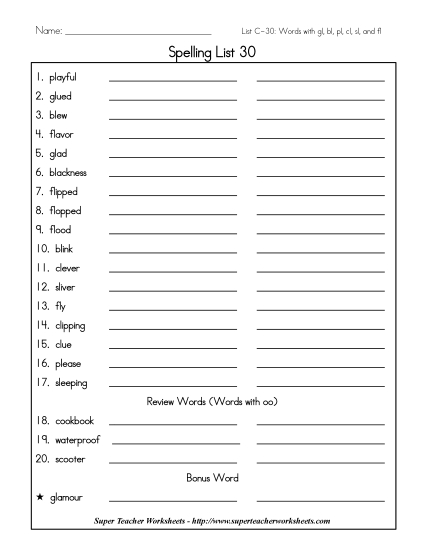List C-30 - List 30: Word List (Printable PDF Worksheet)