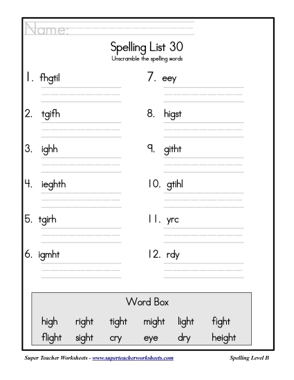 List B-30 - List 30: Word Scramble (Printable PDF Worksheet)