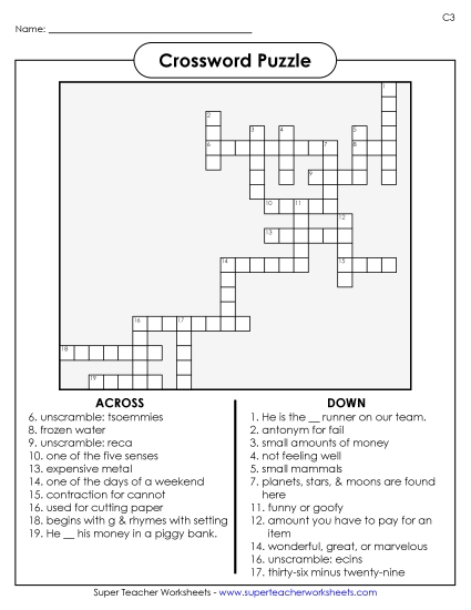 List C-3 - List 3:&nbsp; Crossword Puzzle (Printable PDF Worksheet)