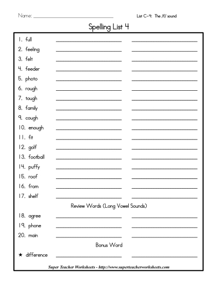 List C-4 - List 4: Word List (Printable PDF Worksheet)