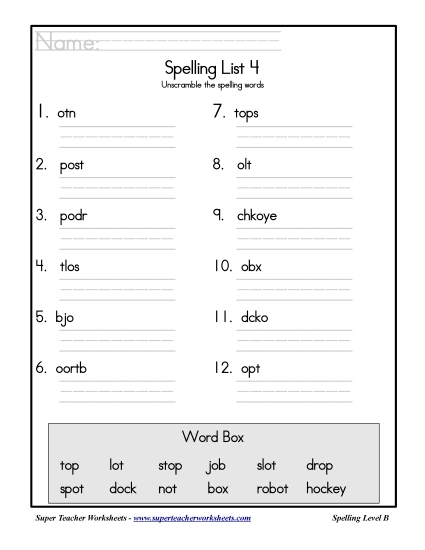 List B-4 - List 4: Word Scramble (Printable PDF Worksheet)