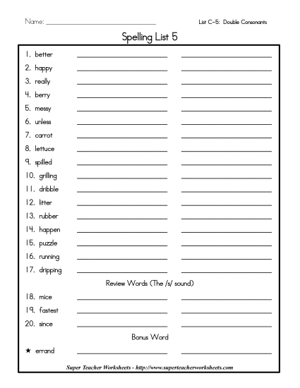 List C-5 - List 5: Word List (Printable PDF Worksheet)