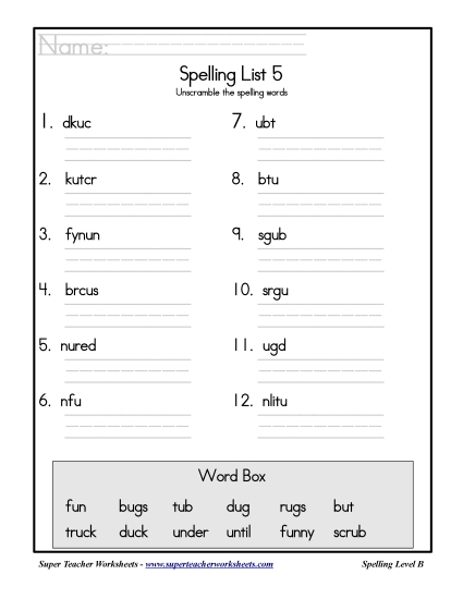 List B-5 - List 5: Word Scramble (Printable PDF Worksheet)