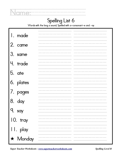 List B-6 - List 6: Word List (Printable PDF Worksheet)