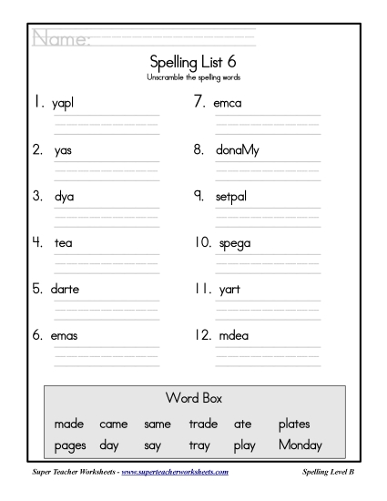 List B-6 - List 6: Word Scramble (Printable PDF Worksheet)