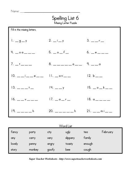 List C-6 - List 6:&nbsp; Missing Letters (Printable PDF Worksheet)