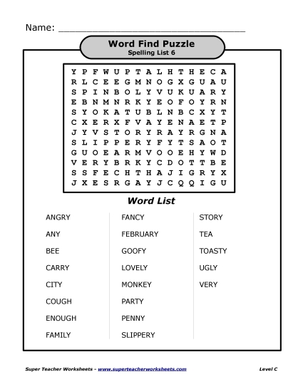 List C-6 - List 6:&nbsp; Word Search Puzzle (Printable PDF Worksheet)