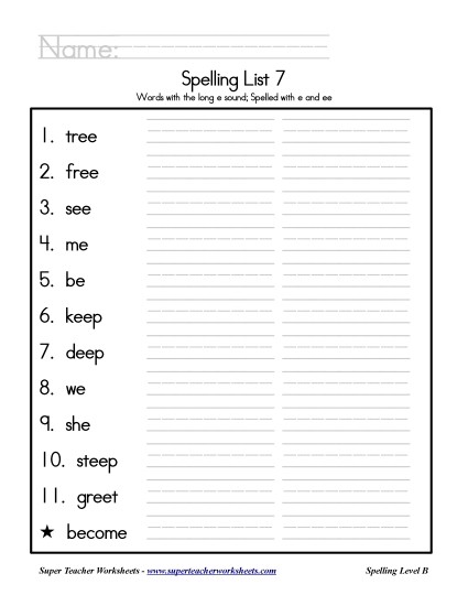 List B-7 - List 7: Word List (Printable PDF Worksheet)