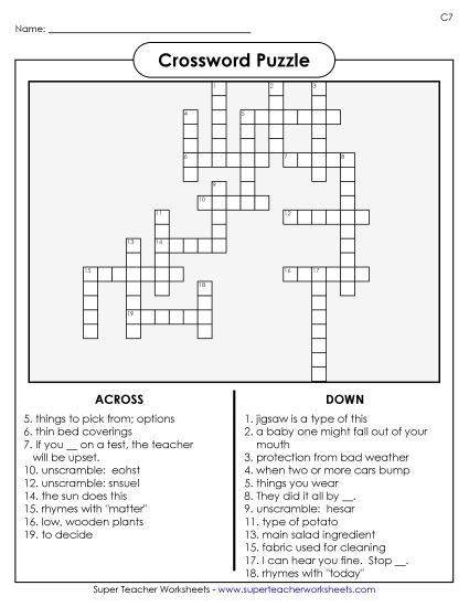 List C-7 - List 7:&nbsp; Crossword Puzzle (Printable PDF Worksheet)