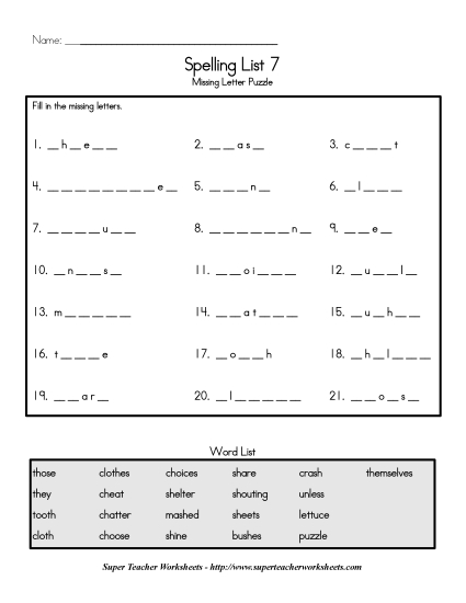 List C-7 - List 7:&nbsp; Missing Letters (Printable PDF Worksheet)