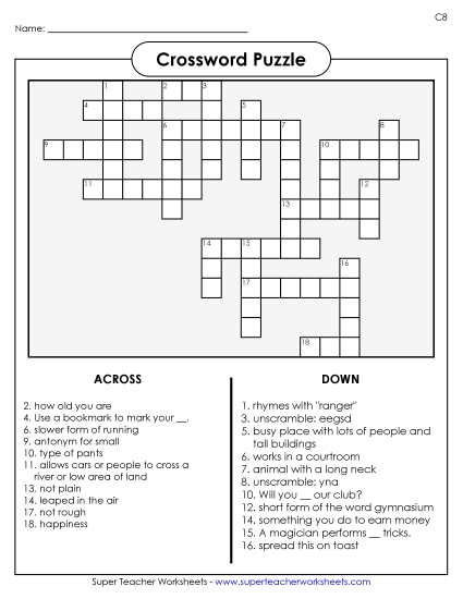 List C-8 - List 8:&nbsp; Crossword Puzzle (Printable PDF Worksheet)