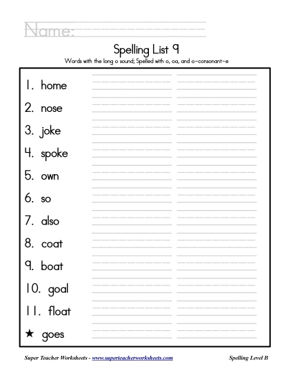 List B-9 - List 9: Word List (Printable PDF Worksheet)