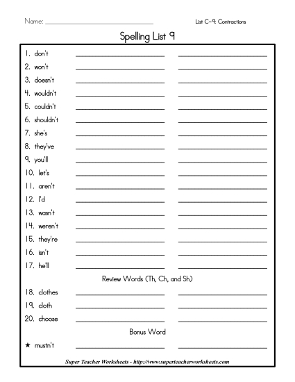 List C-9 - List 9: Word List (Printable PDF Worksheet)