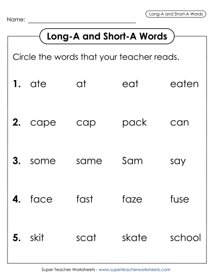 Listen and Circle: Long A and Short A (Printable PDF Worksheet)