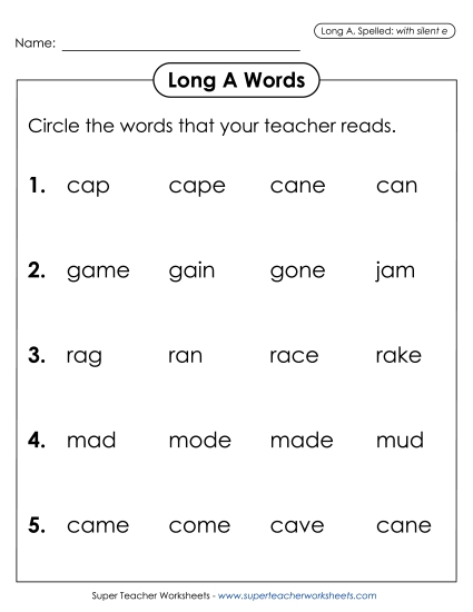 Worksheets - Listen and Circle: Long A (with silent e) (Printable PDF Worksheet)
