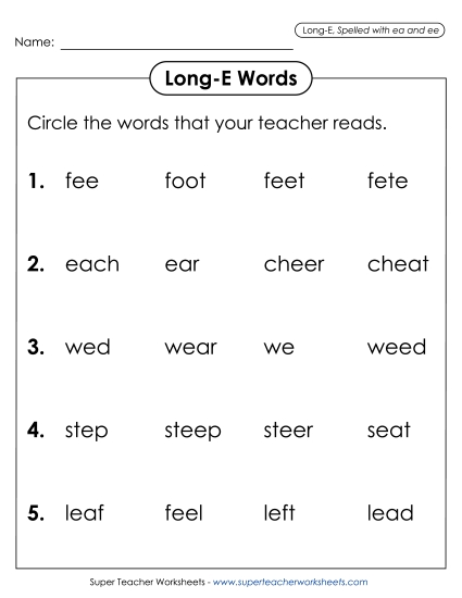 Worksheets - Listen and Circle (Long E) (Printable PDF Worksheet)