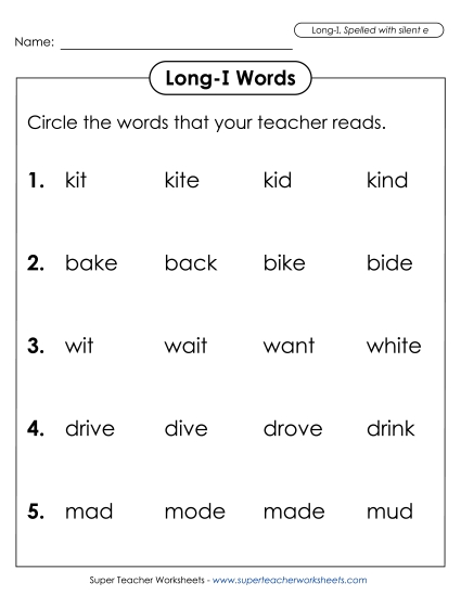 Worksheets - Listen and Circle (Long I) (Printable PDF Worksheet)