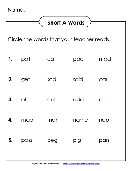 Worksheets - Listen and Circle: Short A (Printable PDF Worksheet)