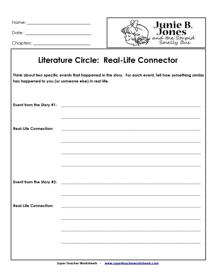 Junie B. Jones Literature Circles - Lit. Circles: Real-Life Connector (Printable PDF Worksheet)