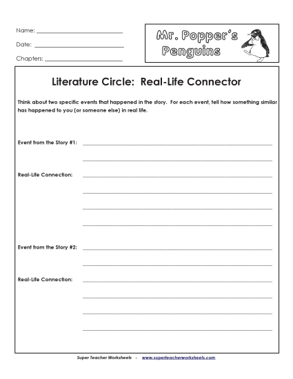 Literature Circles - Lit. Circles: Real Life Connector (Printable PDF Worksheet)