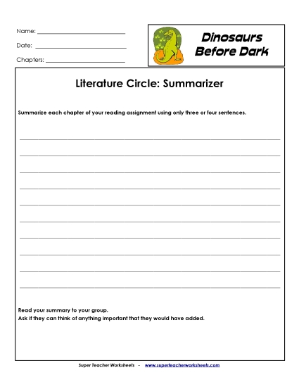 Dinos Before Dark Literature Circles - Lit. Circles: Summarizer (Printable PDF Worksheet)