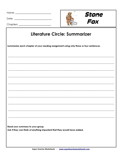 Stone Fox Literature Circles - Lit Circles: Summarizer (Printable PDF Worksheet)