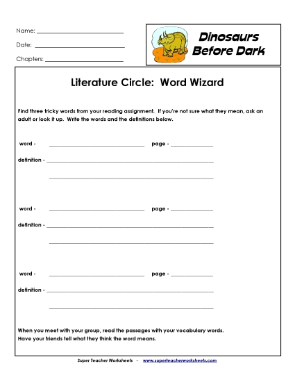 Dinos Before Dark Literature Circles - Lit. Circles: Word Wizard (Printable PDF Worksheet)