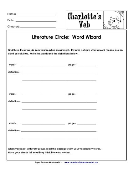 Literature Circles - Lit. Circles: Word Wizard (Printable PDF Worksheet)