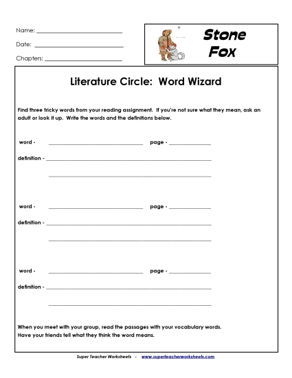 Stone Fox Literature Circles - Lit Circles: Word Wizard (Printable PDF Worksheet)