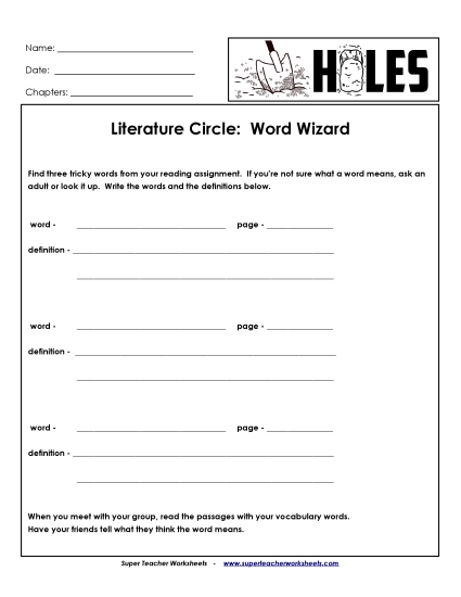 Literature Circles - Lit. Circles: Word Wizard (Printable PDF Worksheet)