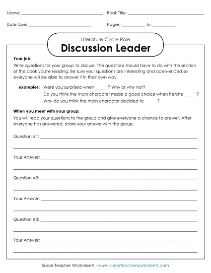 Literature Circle Roles - Literature Circles : Discussion Leader (Printable PDF Worksheet)