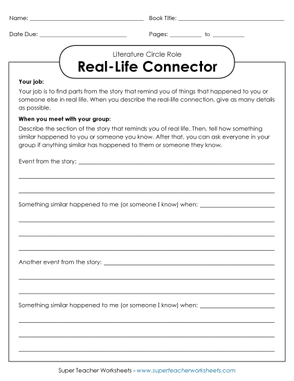Literature Circle Roles - Literature Circles : Real-Life Connector (Printable PDF Worksheet)