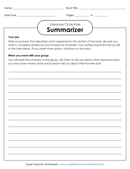 Literature Circle Roles - Literature Circles : Summarizer (Printable PDF Worksheet)
