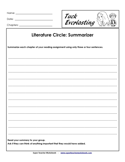 Literature Circles - Literature Circles: Summarizer (Printable PDF Worksheet)