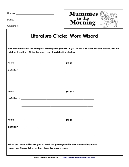 Mummies in the Morning Literature Circles - Literature Circles: Word Wizard (Printable PDF Worksheet)
